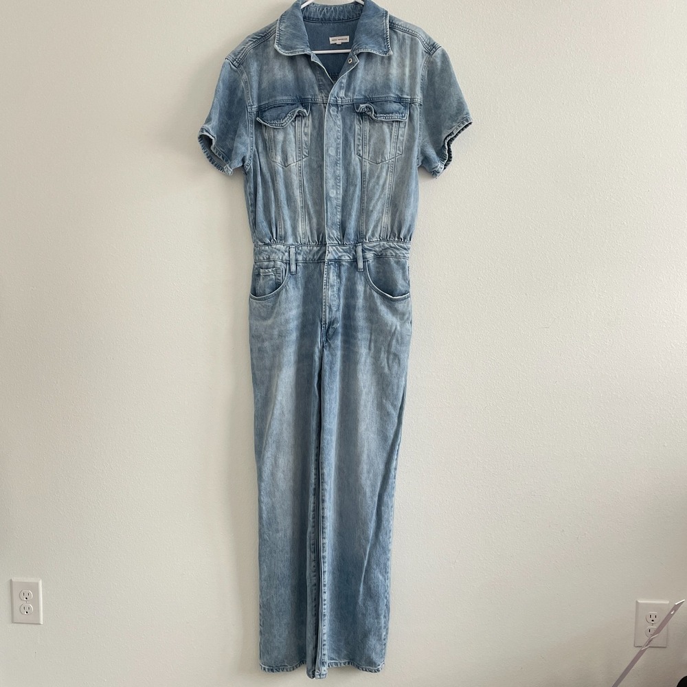 Good American Fit For Success Denim Jumpsuit Women 3/S Light Blue Wash Utility